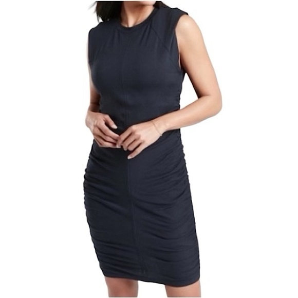 ATHLETA | Apres Convertible Cap Sleeve Ruched Stretch Navy/Black Dress | Small - Picture 2 of 15